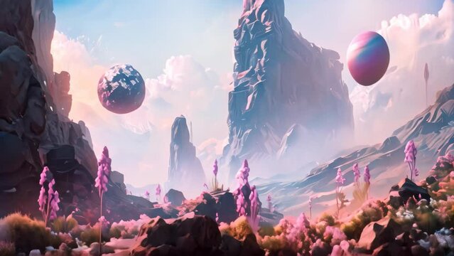 A painting capturing a scenic mountain landscape adorned with rocks and vibrant flowers, An otherworldly alien landscape with floating rocks and strange plants, AI Generated