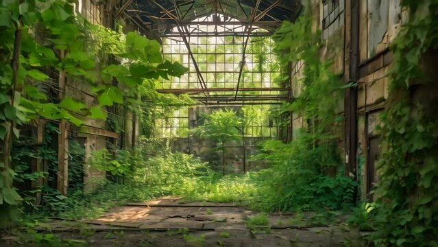 A rundown building showcases its worn-out facade, adorned with an abundance of vibrant green plants, An overgrown, abandoned factory that nature has begun to reclaim, AI Generated