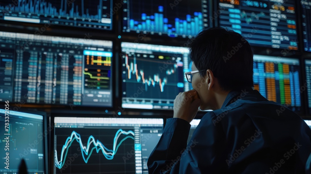 Poster trader analyzing financial performance data on screen