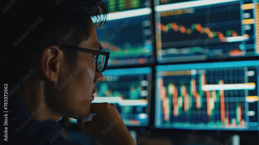 Poster trader analyzing financial performance data on screen