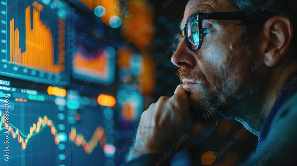 Poster trader analyzing financial performance data on screen
