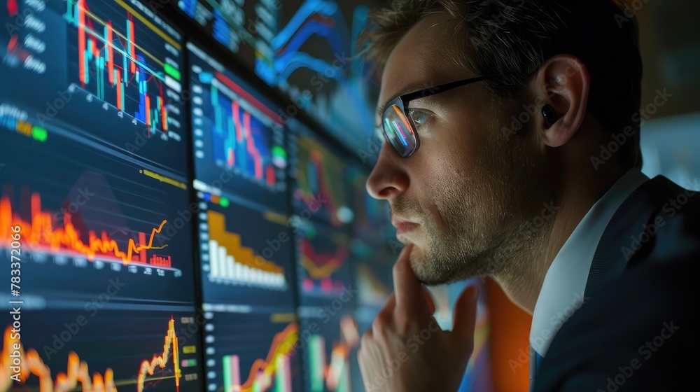 Poster trader analyzing financial performance data on screen