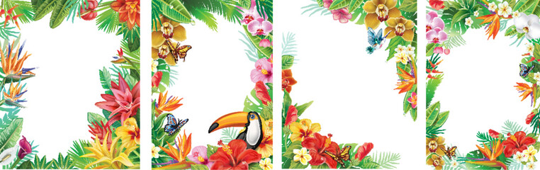 Set of Frames and from Tropical Flowers and Tropical Leaf - obrazy, fototapety, plakaty