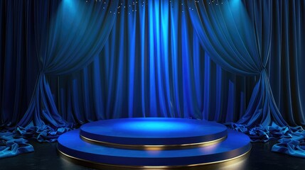 podium blue background and fabric curtain with spotlight luxury