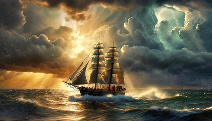 19th century clipper crossing the ocean at full speed to escape the towering storm tall storm...