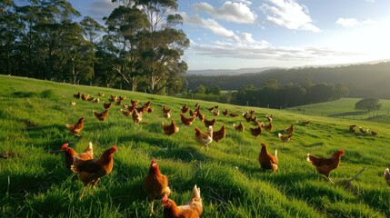 A flock of chickens roam freely in a lush green paddock near Clarkefield - obrazy, fototapety, plakaty