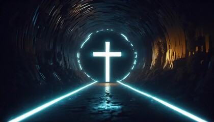 glowing neon cross in data stream tunnel futuristic virtual reality concept of faith and...