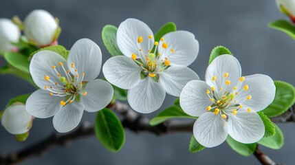Fototapeta premium A flower in focus on a tree branch against a grey and black backdrop, adorned with green leaves and buds