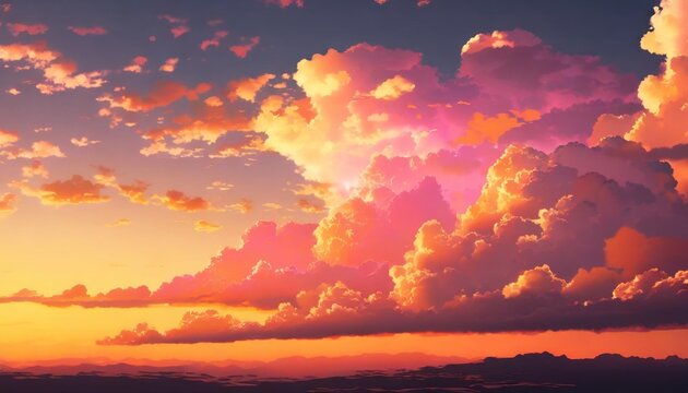 anime clouds over the sky at sunset or night time in the style of pink and amber pictorial space ai image generative