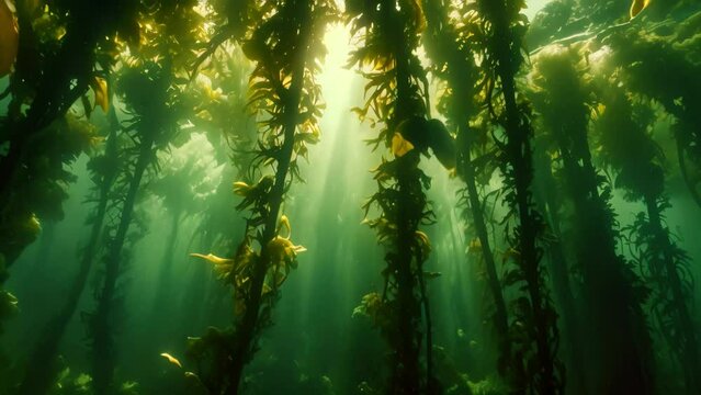 Explore the vibrant underwater world of a dense kelp forest, populated by a diverse array of marine plants and animals, An underwater forest of towering kelp filled with seahorses, AI Generated