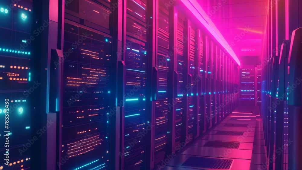 Poster a photo showing a long row of servers in a bustling data center, with blinking lights indicating act