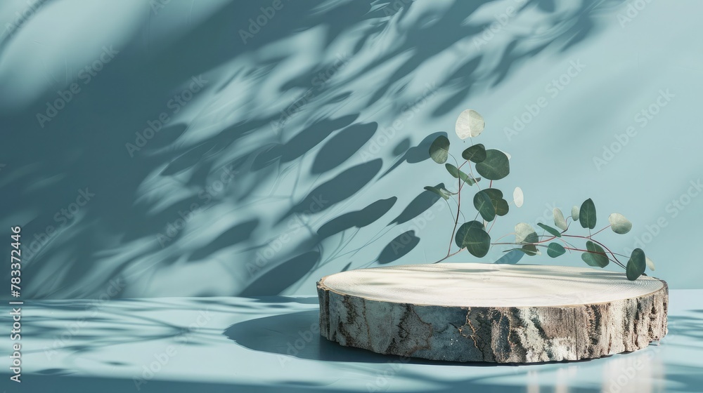 Poster abstract empty wood slice podium with eucalyptus leaves and shadows on blue background. mock up stan