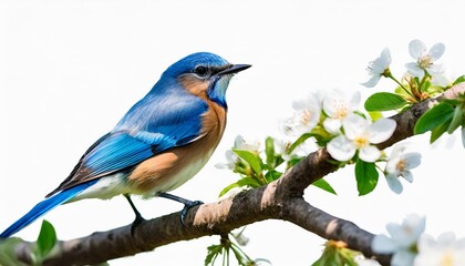 Obraz premium watercolor illustration of beautiful blue bird bluetail sitting on a twig with small flowers isolated on white background