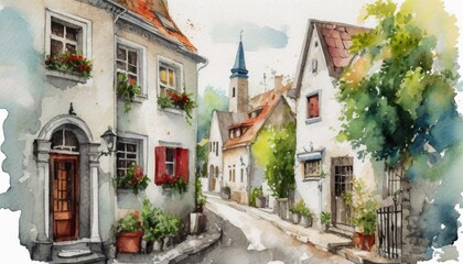 Fototapeta na wymiar watercolor painting of a little street with old houses illustration isolated on white background