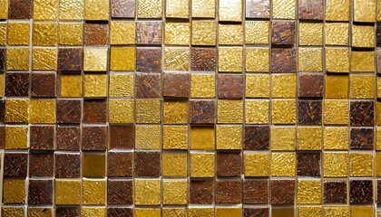 a close up of a golden mosaic wall showcasing intricate patterns of brown amber and yellow rectangles resembling a work of art in a building interior