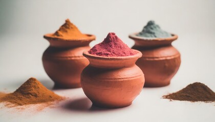 3 small terracotta pots with different colors of holi powder on a white background