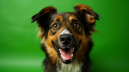 Fototapeta premium Close-Up of Young Dog Smiling in Studio, Green Background