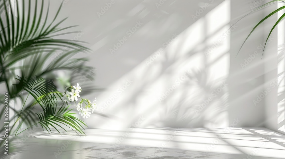 Poster abstract white studio background for product presentation. empty room with shadows of window and flo