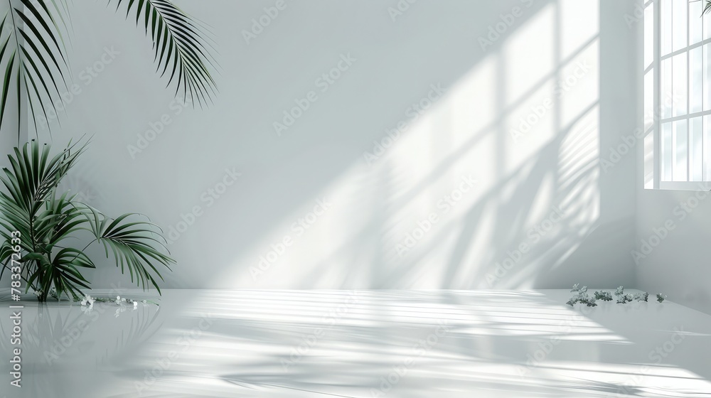 Poster abstract white studio background for product presentation. empty room with shadows of window and flo