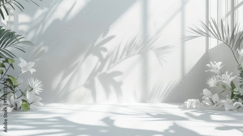 Poster abstract white studio background for product presentation. empty room with shadows of window and flo