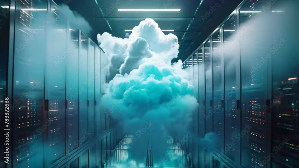Poster a cloud hovers in the middle of a server room, surrounded by rows of computers and network equipment
