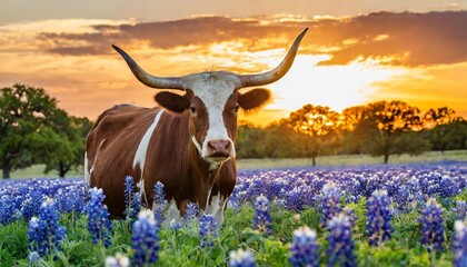 texas longhorn cow in a field of bluebonnets at sunset texas iconic landscape