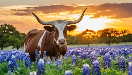 Gordijnen texas longhorn cow in a field of bluebonnets at sunset texas iconic landscape © Patti