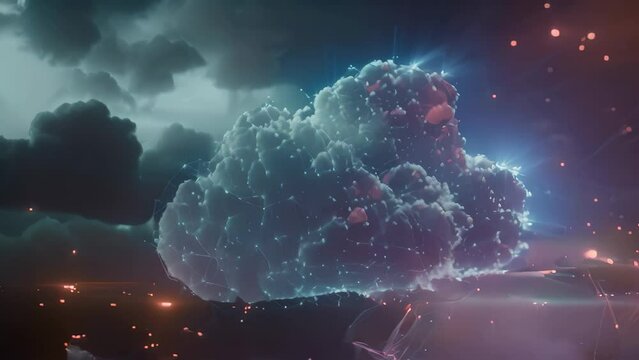 A computer generated Video of a white cumulus cloud floating in a clear blue sky, Artistic demonstration of seamless data transfer in cloud storage, AI Generated