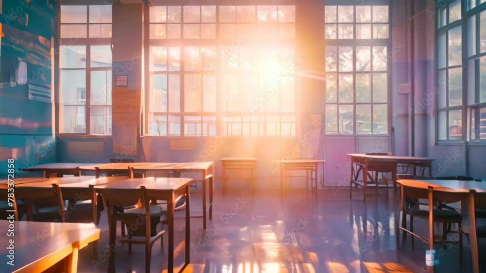 Poster a large room filled with numerous wooden tables and chairs arranged neatly, artistic interpretation 