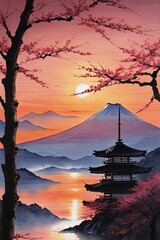 Japanese sunset over tranquil landscape, featuring traditional pagoda silhouetted against radiant sky. Blend of vibrant colors captures essence of peace.For art, creative projects, fashion, magazines.