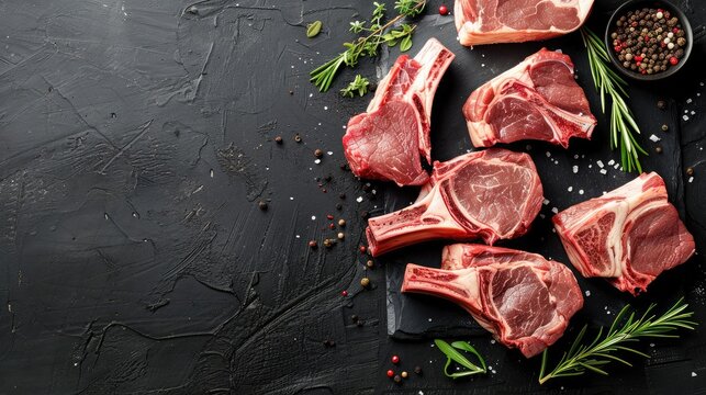 Assortment of various raw lamb cut parts with copy space