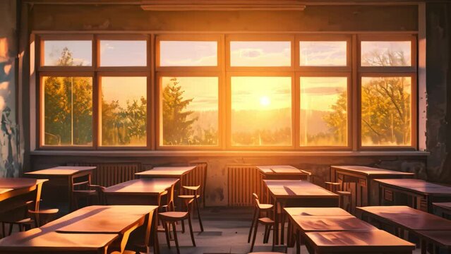 A painting of a vibrant sunset casting warm colors on the walls of a classroom, creating an inviting atmosphere, Artistic interpretation of an empty classroom during sunset, AI Generated