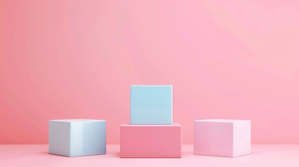 Awarding podium made of three pastel square shapes of different sized against blank pink background for copy space
