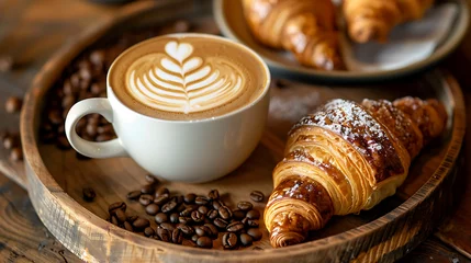 Foto op Plexiglas a cup of coffee adorned with intricate latte art and a golden-brown croissant, both resting on a rustic wooden tray © DigitaArt.Creative