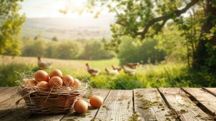 basket of chicken eggs on a wooden table over farm in the countryside