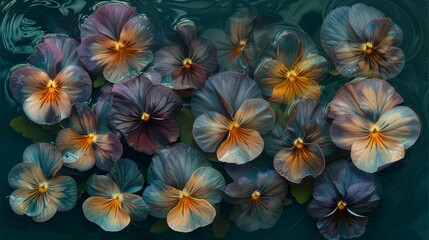   A collection of flowers hovering above water's surface, their roots submerged; underwater, leaves adorn the flower stems - obrazy, fototapety, plakaty