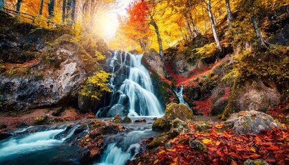 amazing in nature beautiful waterfall at colorful autumn forest in fall season