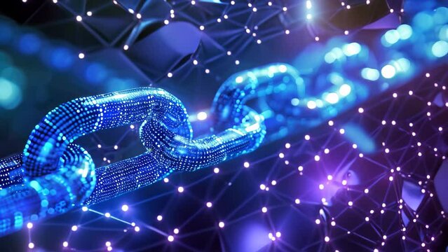 A photo capturing a blue chain, its links prominently connected to a network, Artwork depicting the peer-to-peer model of blockchain, AI Generated