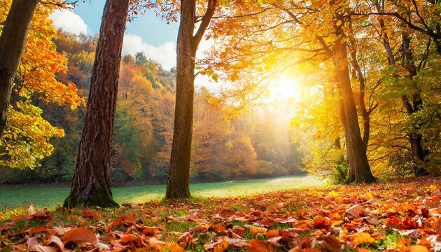 autumn landscape fall scene trees and leaves in sunlight rays