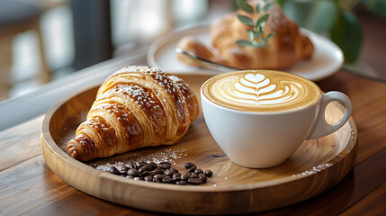 a cup of coffee adorned with intricate latte art and a golden-brown croissant, both resting on a rustic wooden tray - obrazy, fototapety, plakaty