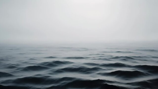 A large body of water with powerful waves crashing in the foreground of a sweeping coastal landscape, Atmospheric representation of a foggy ocean with barely visible waves, AI Generated