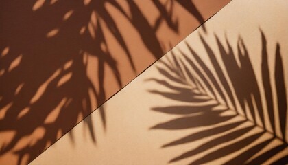 warm brown and beige summer color background with tropical palm shadow two trend pastel paper and...