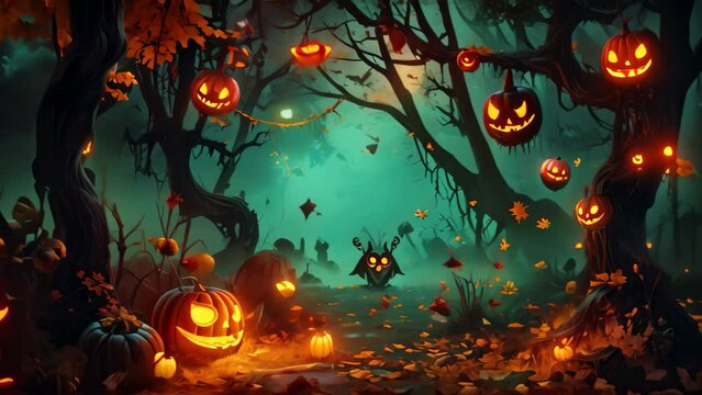 A festive Halloween scene featuring a display of pumpkins and illuminated jack-o-lanterns, Autumn forest scene with Halloween decorations and nocturnal creatures, AI Generated