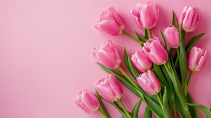 Fototapeta premium Bouquet of pink tulips on pink background. Mothers day, Valentines Day, Birthday celebration concept. Greeting card. Copy space for text, top view
