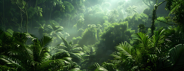  A misty rainforest with green trees and ferns Lush Fern Foliage in the Misty Forest at Dawn.