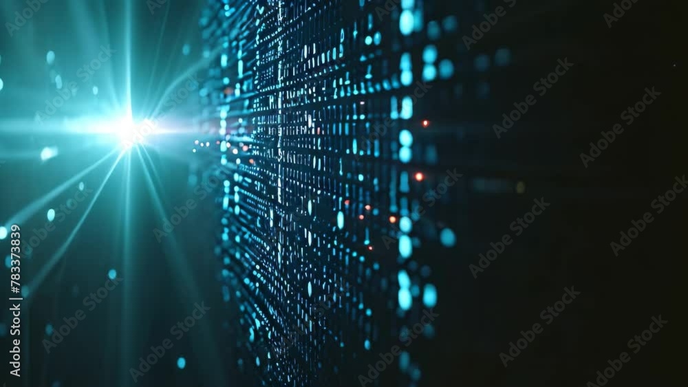 Poster This photo features a background in blue and black, adorned with an array of dots and lines, Background of illuminated binary code falling down the screen, AI Generated