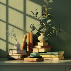 3d illustration stack of book in the table with flower vase