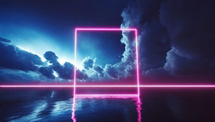 3d render abstract minimal background pink blue neon light square frame with copy space illuminated stormy clouds