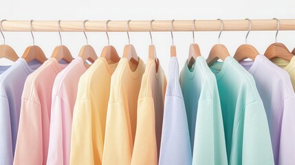 Close up a collection of pastel color t-shirts hanging on a wooden clothes hanger in closet or clothing rack over white background, copy space