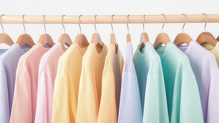 Close up a collection of pastel color t-shirts hanging on a wooden clothes hanger in closet or...